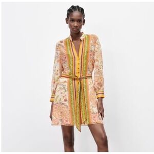 Zara Paisley Floral Mini Dress Orange Green Boho Belted Heart Buttons XXL